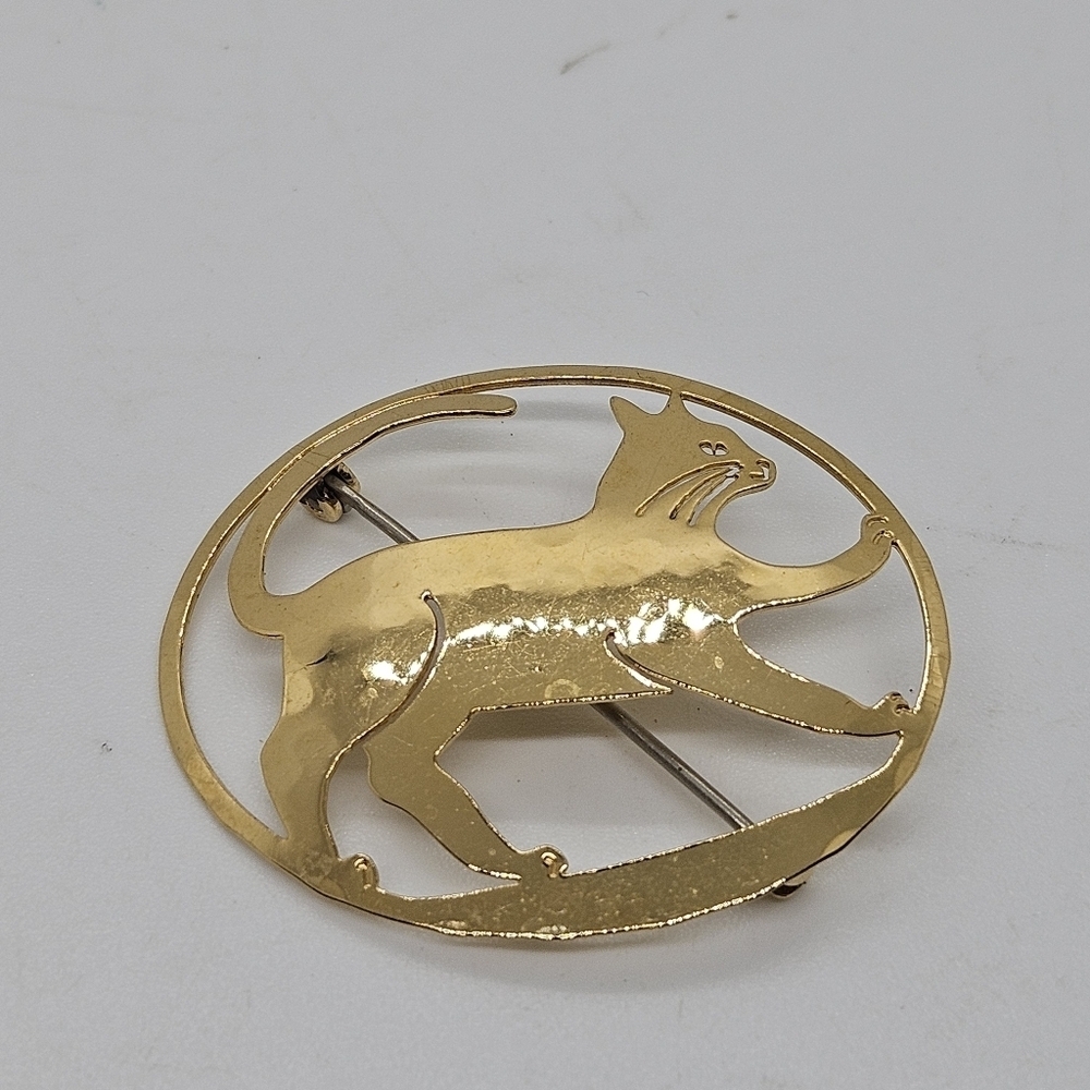 Wild Bryde oval cat brooch gold tone